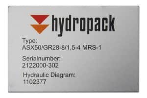 RVS typeplaatje van Hydropack voor montage op een machine in de industrie