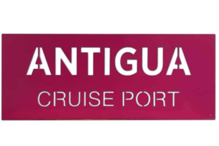 RVS bedrijfsnaambord met Magenta kleurige poedercoating, door en door uitgesneden tekst: Antigua, cruise port