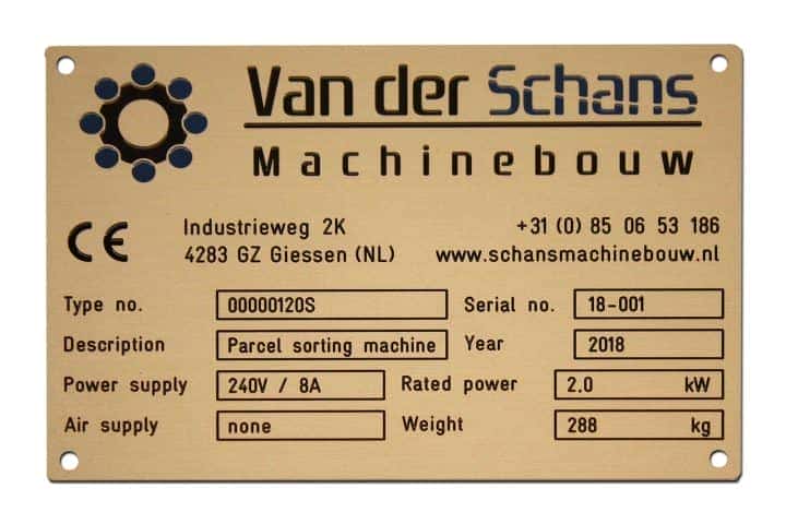 Aluminium Typeplaatje gefreesd en ingelakt voor een machine van Van der Schans