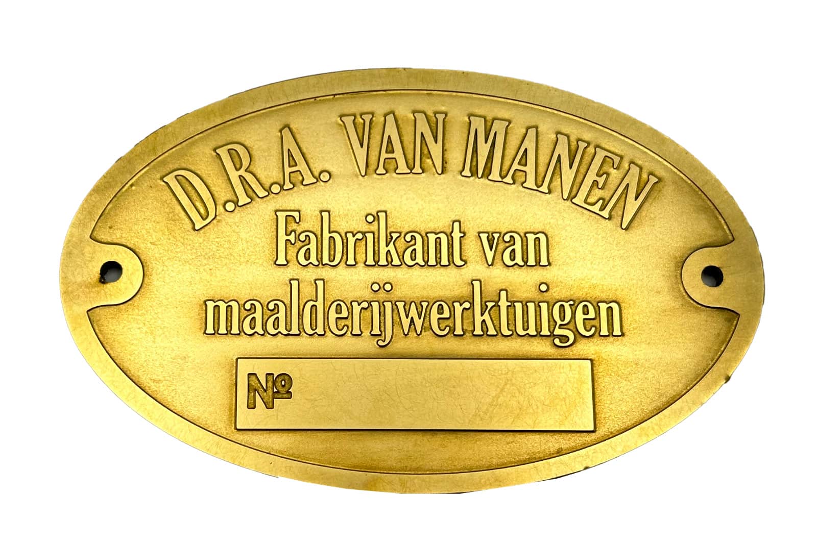 Een messing merklabel, door middel van frees relief is de tekst: D.R.A. van Manen erop gegraveerd