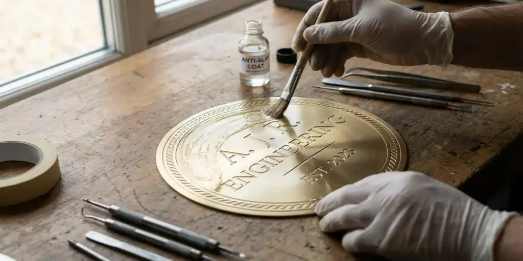 Handen brengen antislipcoating aan op gegraveerde metalen naamplaat met gereedschap op werkbank in werkplaats