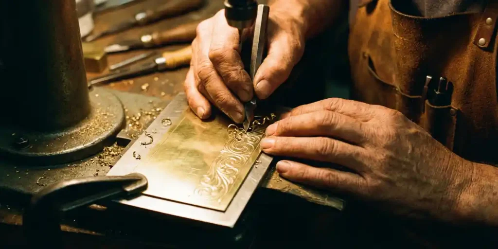 Vakman bedient gravuremachine om details in messing naamplaatje te graveren, metaalspanen krullen weg van oppervlak