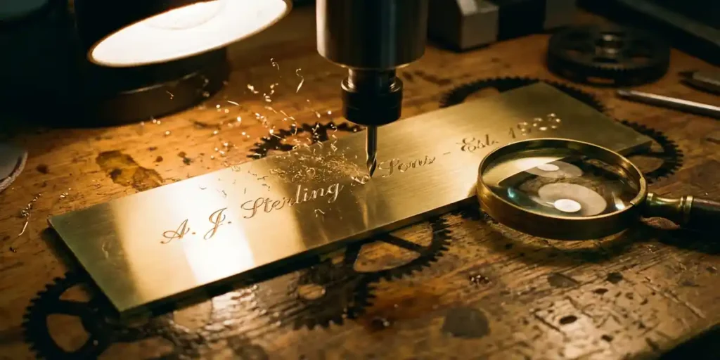 Precisiegravuremachine etst tekst in metalen naamplaatje met metaalspanen en vergrootglas in werkplaats