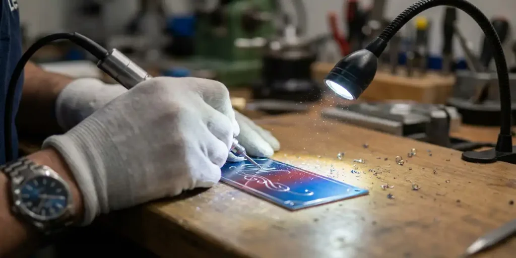 Handen bedienen precisiegravuremachine die ingewikkelde details etst in kleurrijke naamplaat met blauwe en rode tinten