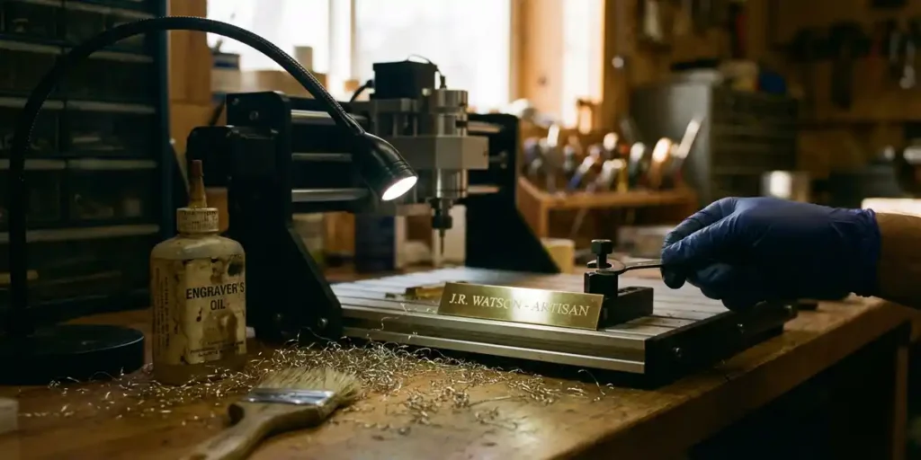 Precisiegravuremachine graveert metalen naamplaatje terwijl technicus gereedschap aanpast op werkbank met verlichting