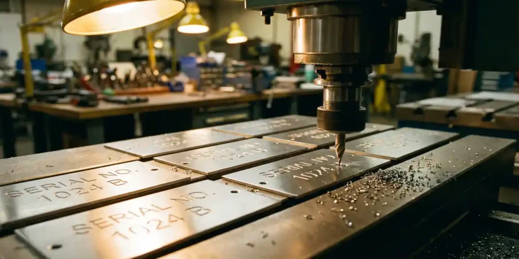 Precisiegravuremachine die identieke metalen naamplaatjes in rijen bewerkt, met metaalspanen en warme werkplaatsverlichting