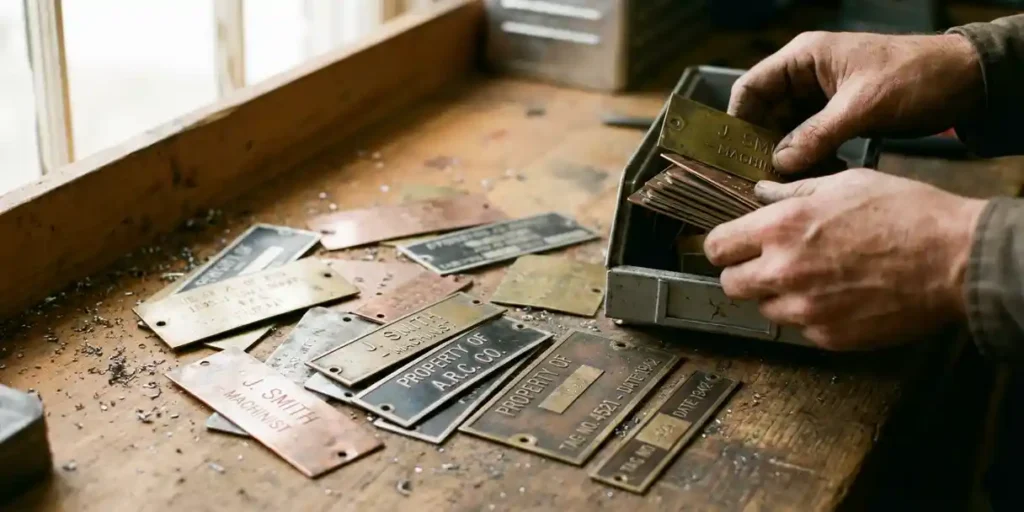 Handen sorteren gegraveerde metalen naamplaatjes en identificatietags in recyclingcontainer op houten werkbank