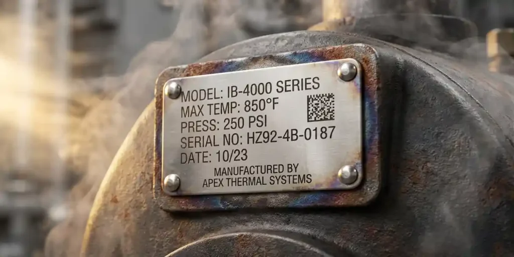RVS typeplaatje met gegraveerde technische gegevens en datamatrix, vastgeklonken op industriële boiler, warm belicht.