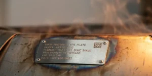 Gegraveerde RVS typeplaat met datamatrix, geklonken op industriële ovenbehuizing met hitteverkleuring en stoomhaze
