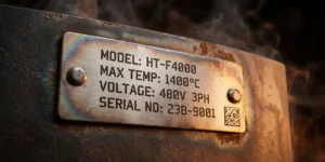 RVS typeplaatje met gegraveerde technische markeringen op industriële smidse, warm zijlicht en hitteverkleuring