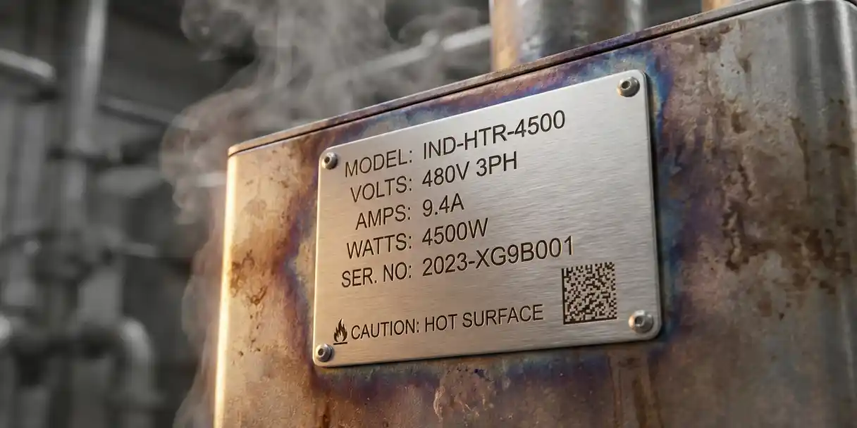 RVS typeplaatje met gegraveerde technische gegevens en datamatrix op industriële elektrische heater, warm belicht, macro close-up