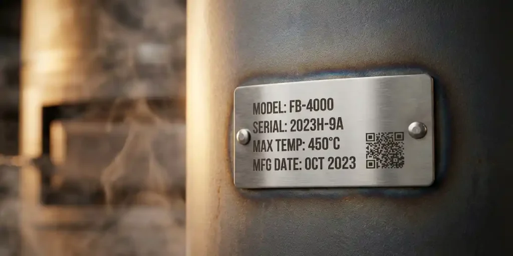 RVS typeplaatje met gegraveerde technische markeringen en datamatrix, vastgeklonken op industriële boiler, warme gloed en stoomwaas