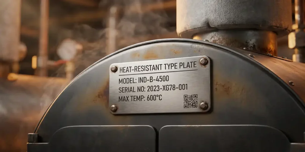 Gegraveerd roestvrijstalen typeplaatje met datamatrix, geklonken op industriële machine bij ketel, stoom op achtergrond